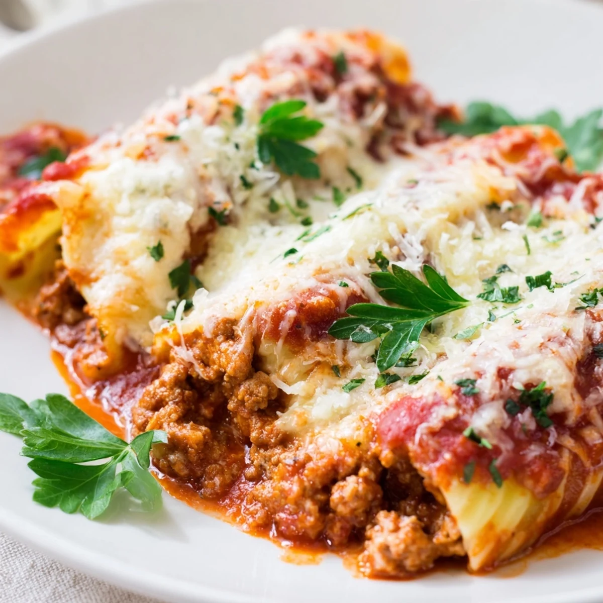 Hearty Italian manicotti casserole with three-cheese filling baked beneath bubbly browned cheese and aromatic meat sauce