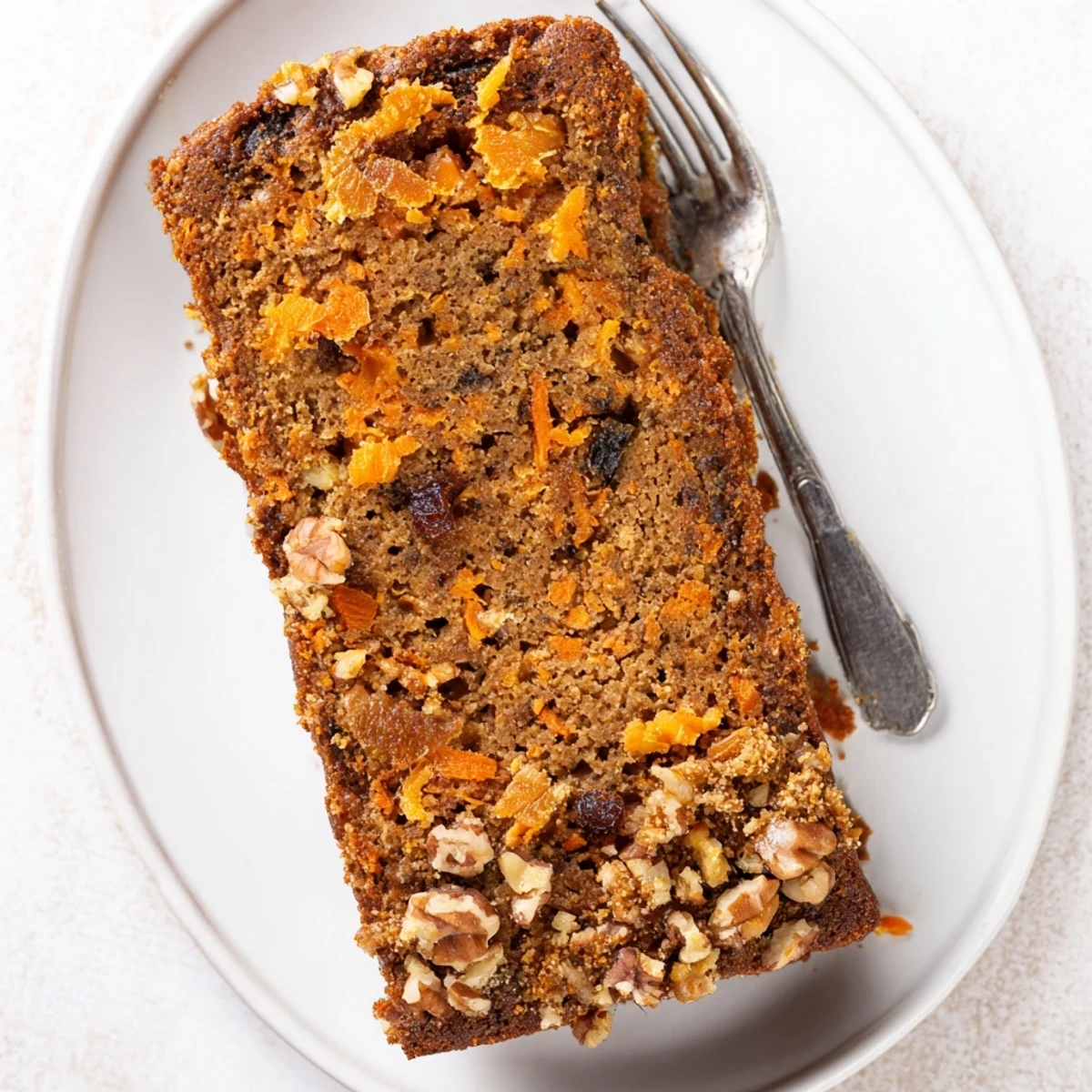 Moist carrot cake banana bread loaf topped with chopped walnuts on a wooden cutting board