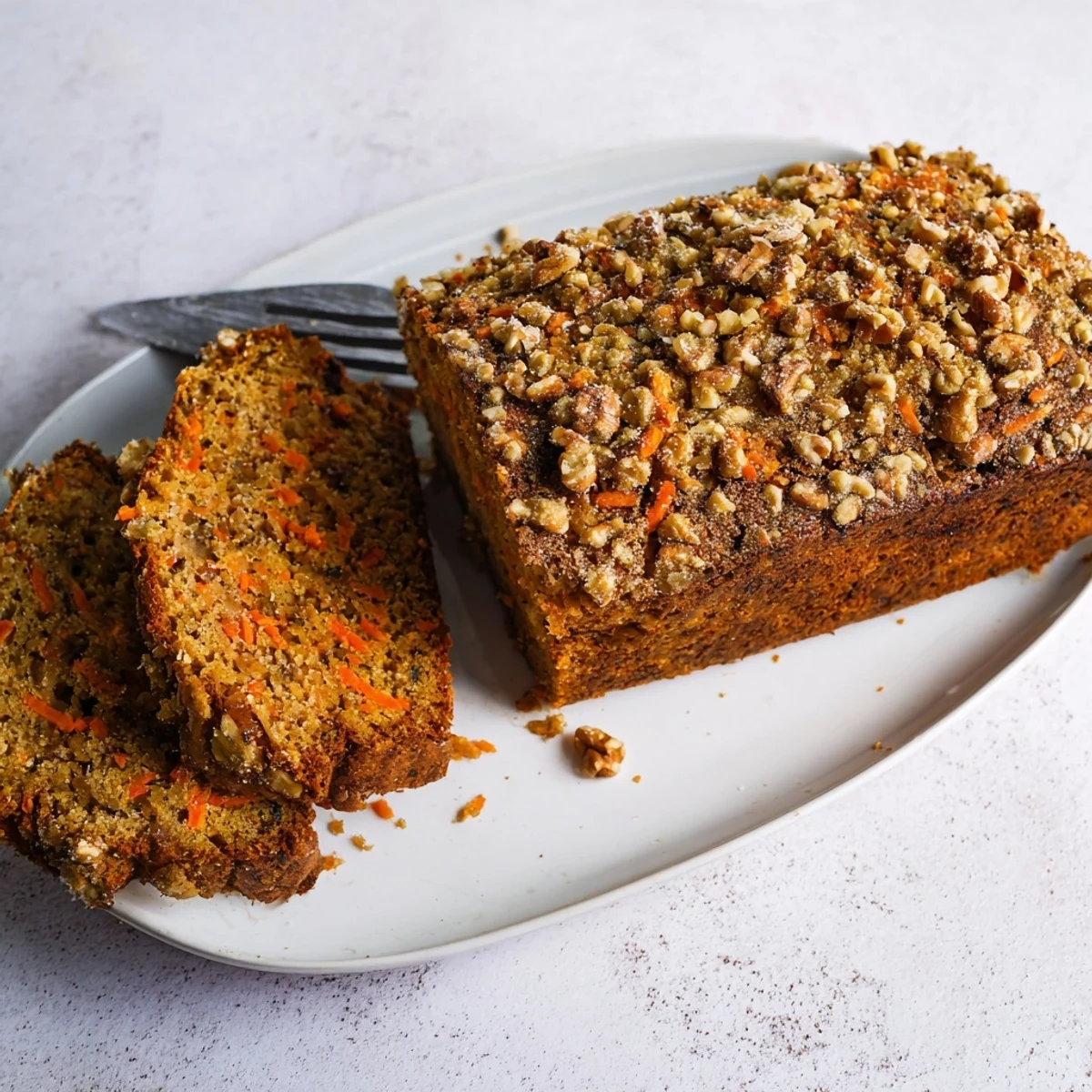 Golden brown spiced banana bread with grated carrots cooling on a wire rack
