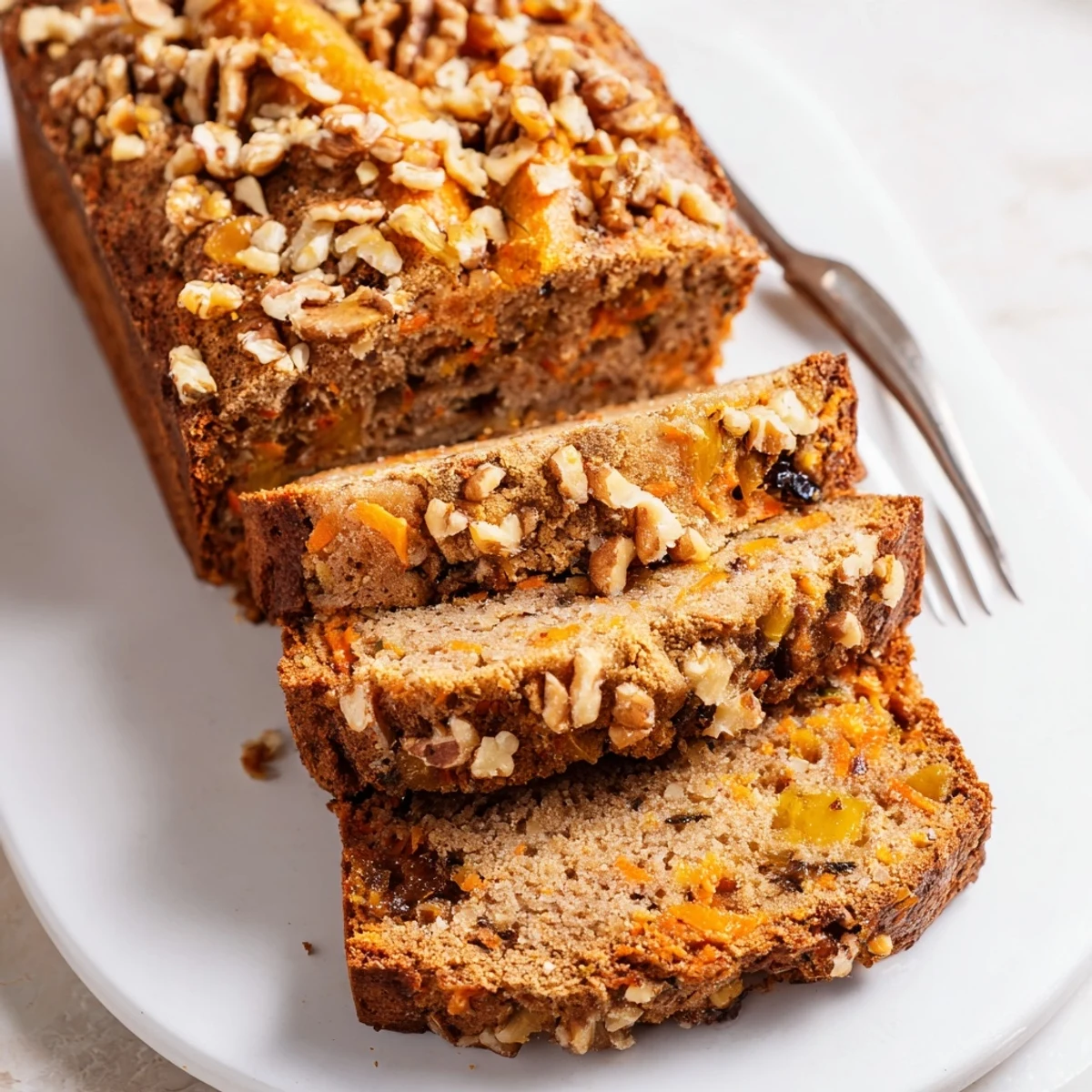 Thick slice of carrot cake banana bread served on a white plate with a napkin