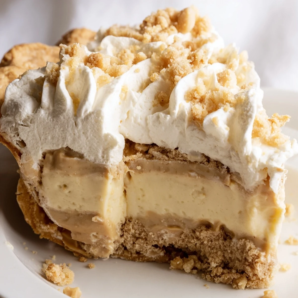 Creamy Old Fashioned Amish Peanut Butter Dream Pie topped with fluffy whipped cream and golden crumbs