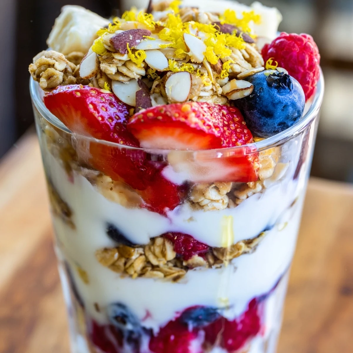 Creamy Greek yogurt parfait layered with fresh berries and crunchy granola in a glass