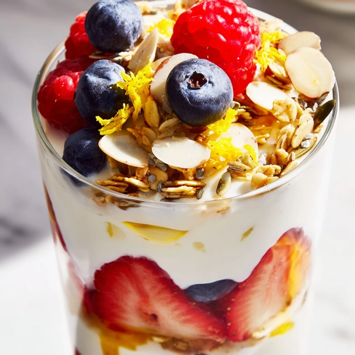 Greek yogurt parfait topped with vibrant mixed berries and golden honey drizzle