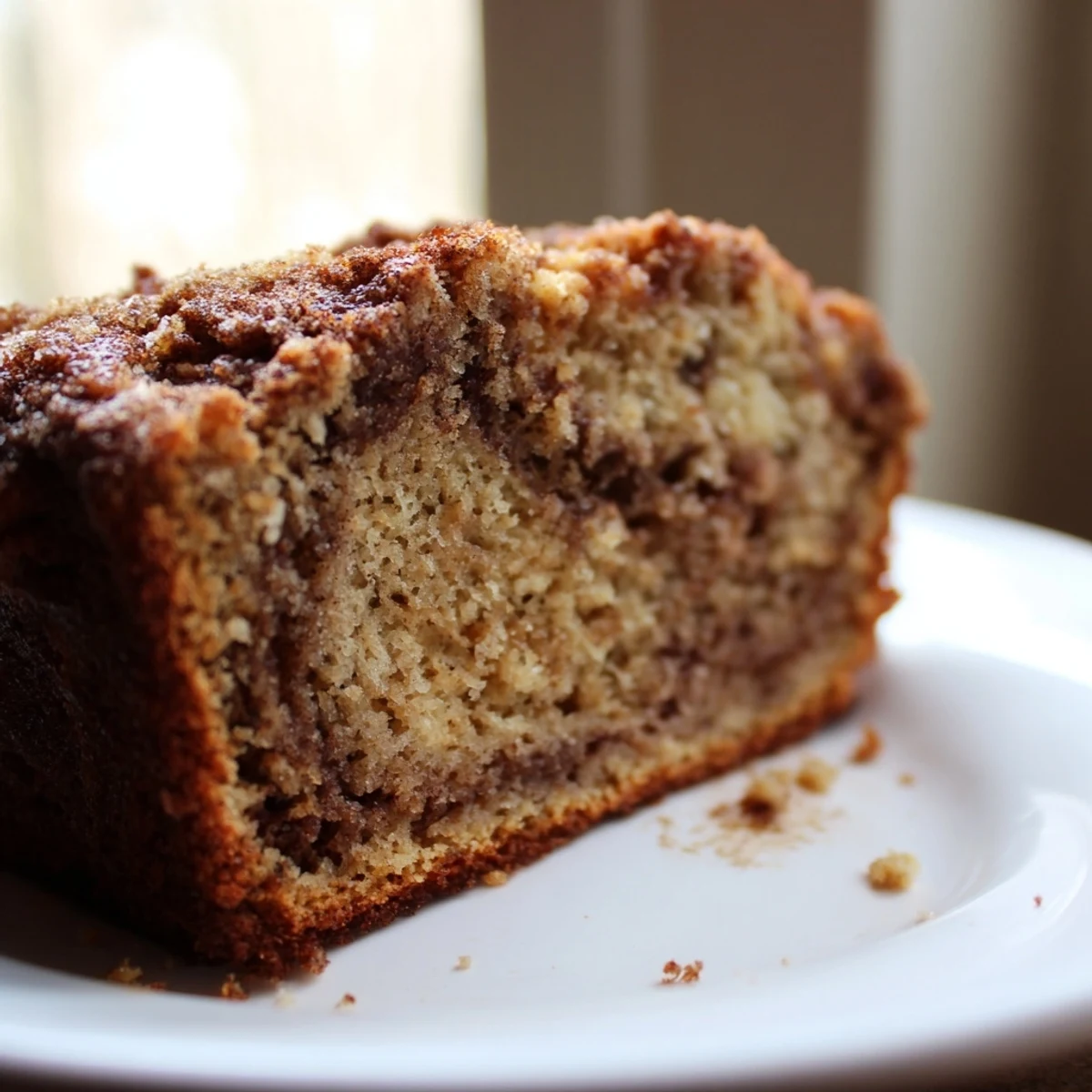 Cinnamon Sugar Swirl Banana Bread sliced thick revealing marbled cinnamon ribbons throughout moist golden crumb