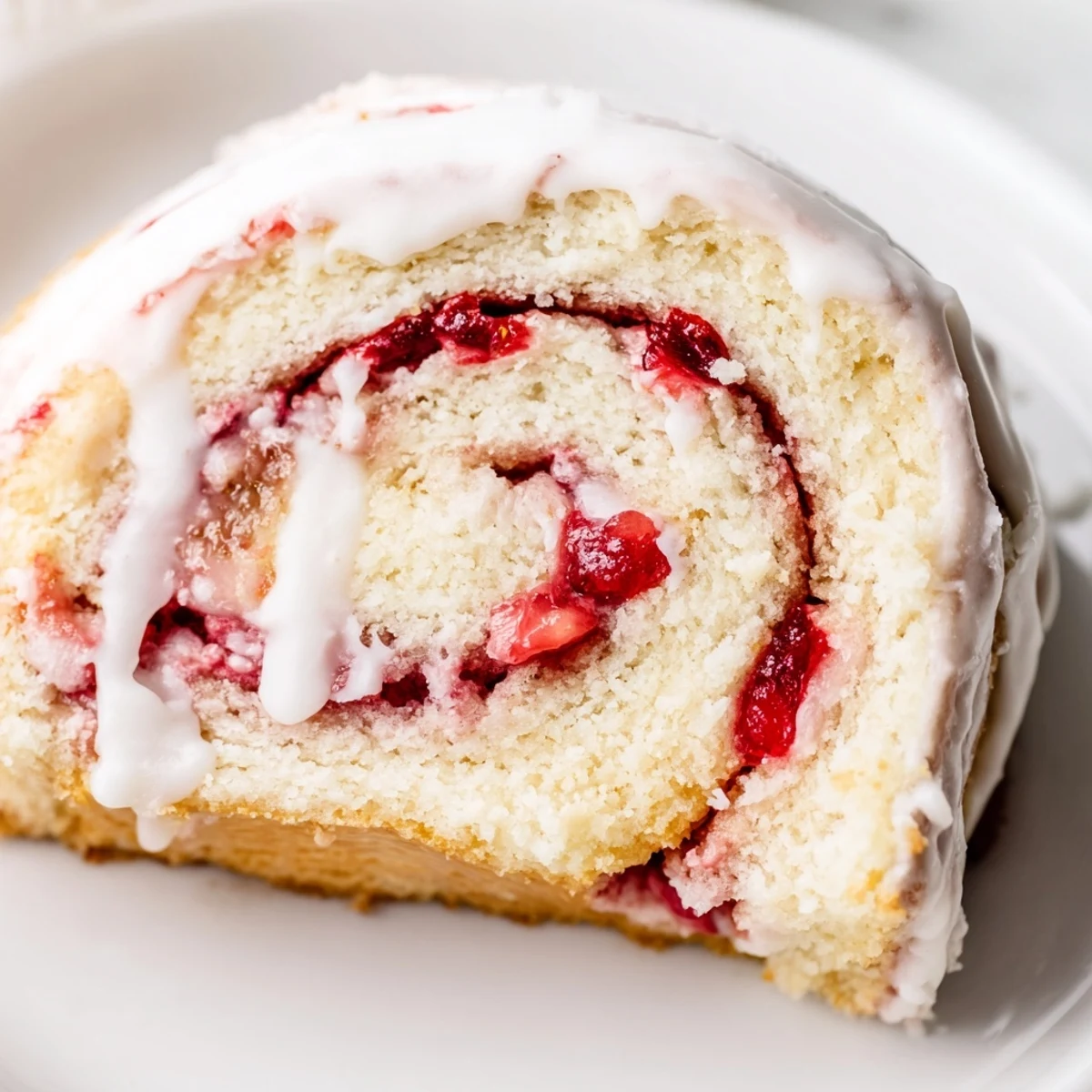 Golden Strawberry Shortcake Cheesecake Rolls drizzled with sweet vanilla glaze on white plate