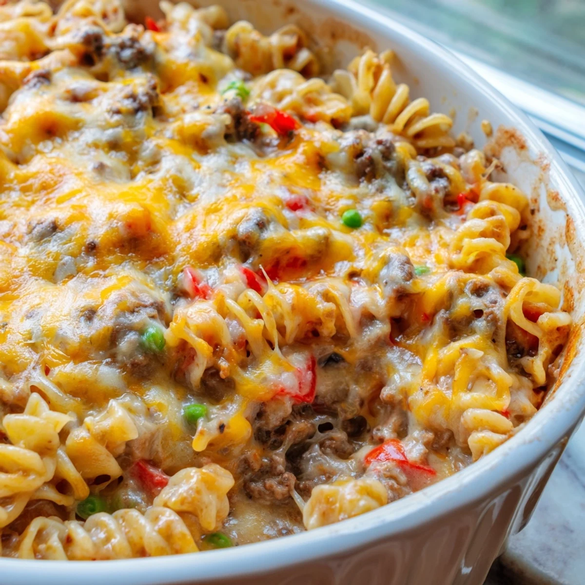 Golden bubbly Cheesy Beef and Noodle Casserole fresh from the oven with melted cheddar topping