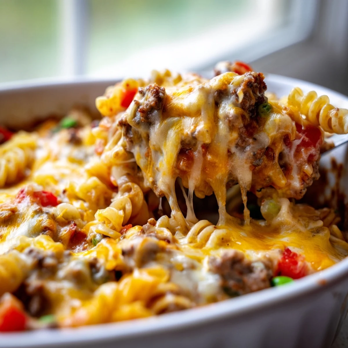 Creamy Cheesy Beef and Noodle Casserole with tender egg noodles in a savory beef sauce