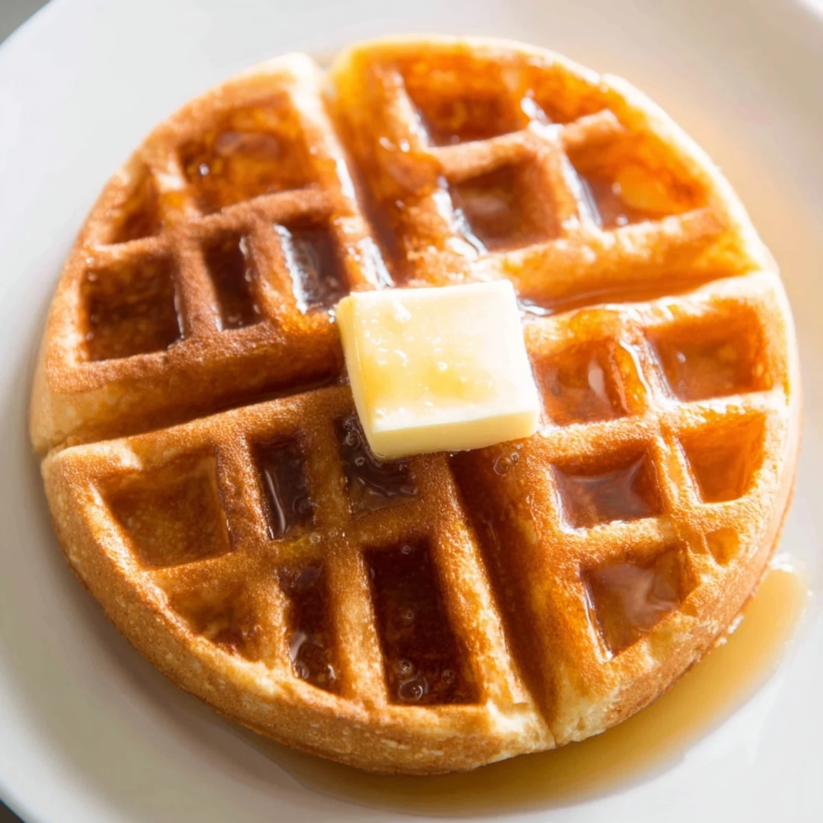 Golden crispy Greek yogurt waffles stacked on a white plate with maple syrup drizzle