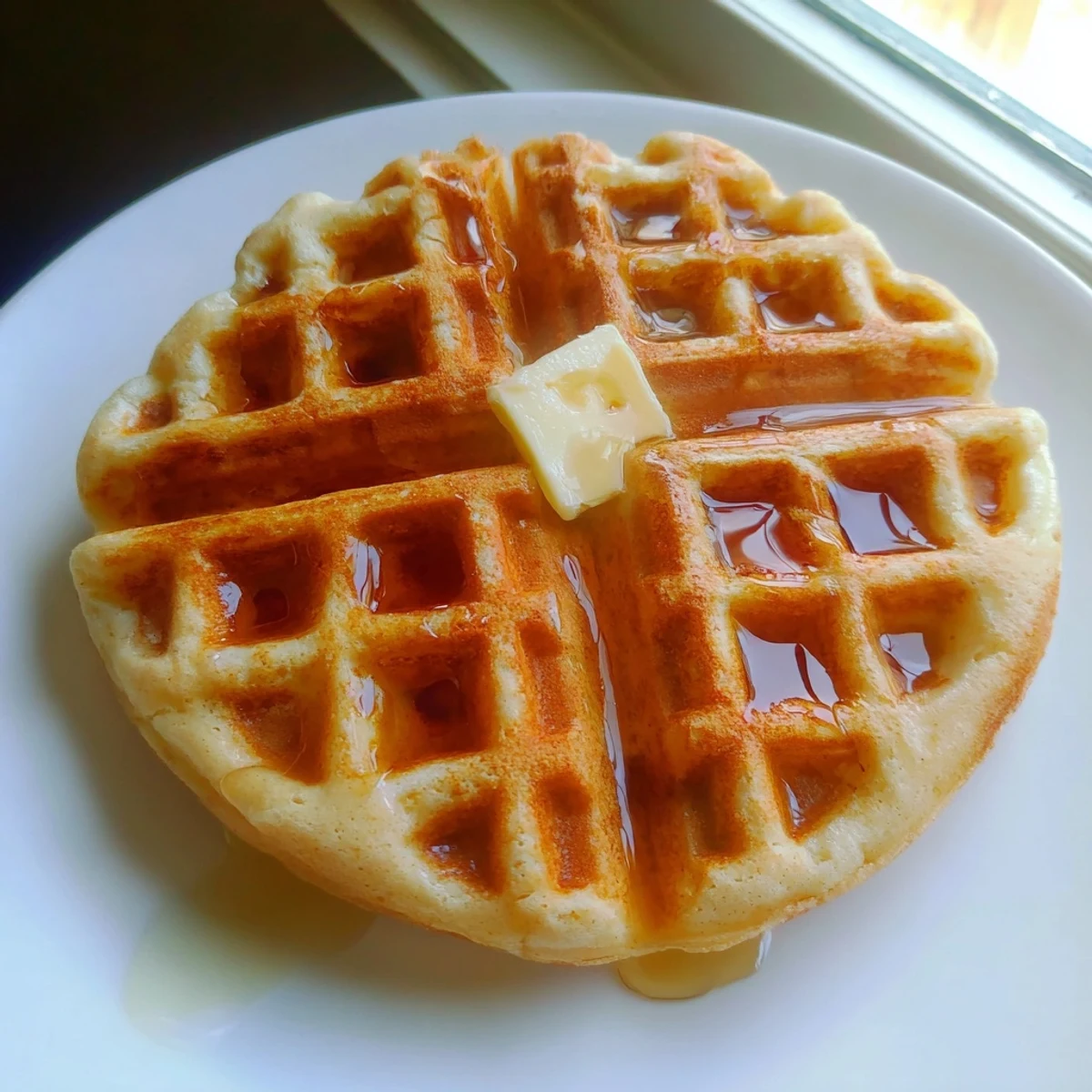 Fluffy Greek yogurt waffles topped with fresh berries and a pat of melting butter