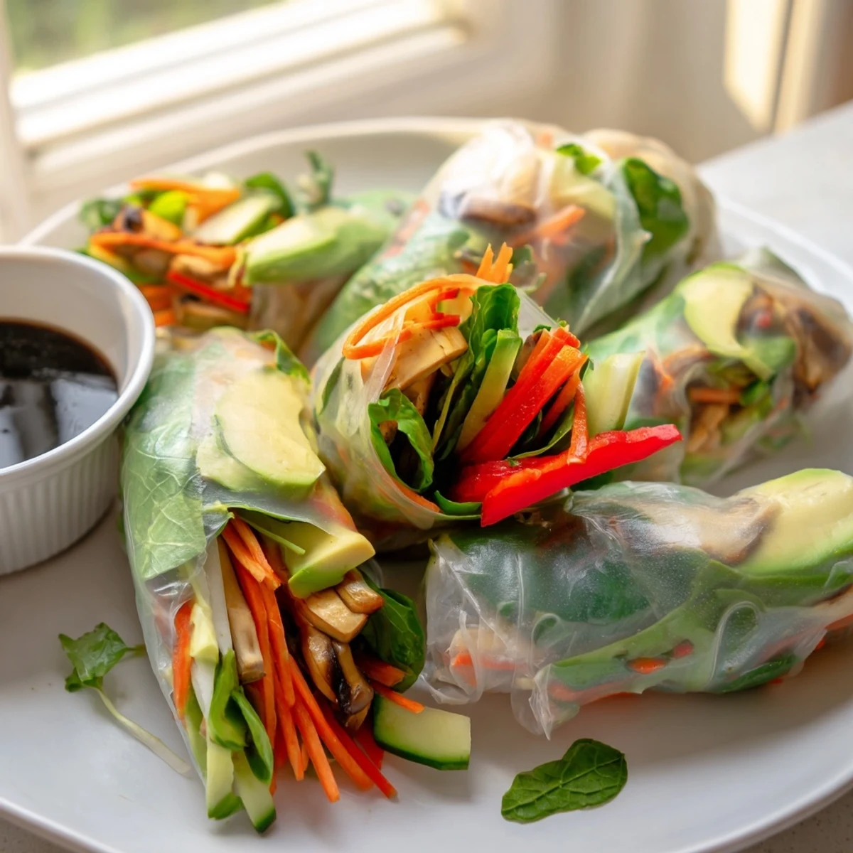 Creamy avocado shiitake spring rolls filled with crisp vegetables and fresh herbs