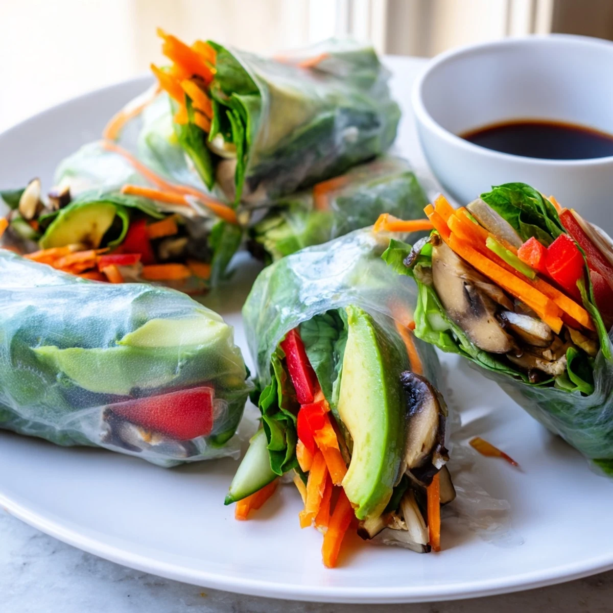 Golden sautéed shiitake mushrooms and ripe avocado nestled inside translucent rice paper rolls