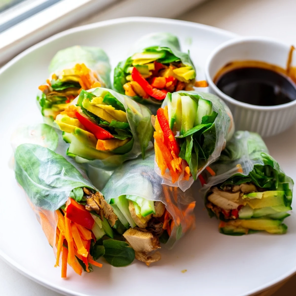 Vibrant avocado shiitake spring rolls sliced in half beside a tangy ginger dipping sauce