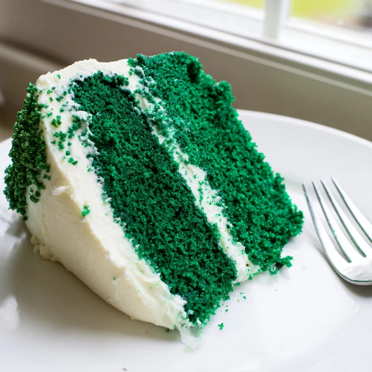 Vibrant green velvet cake with creamy frosting sits ready for St. Patrick's Day celebration