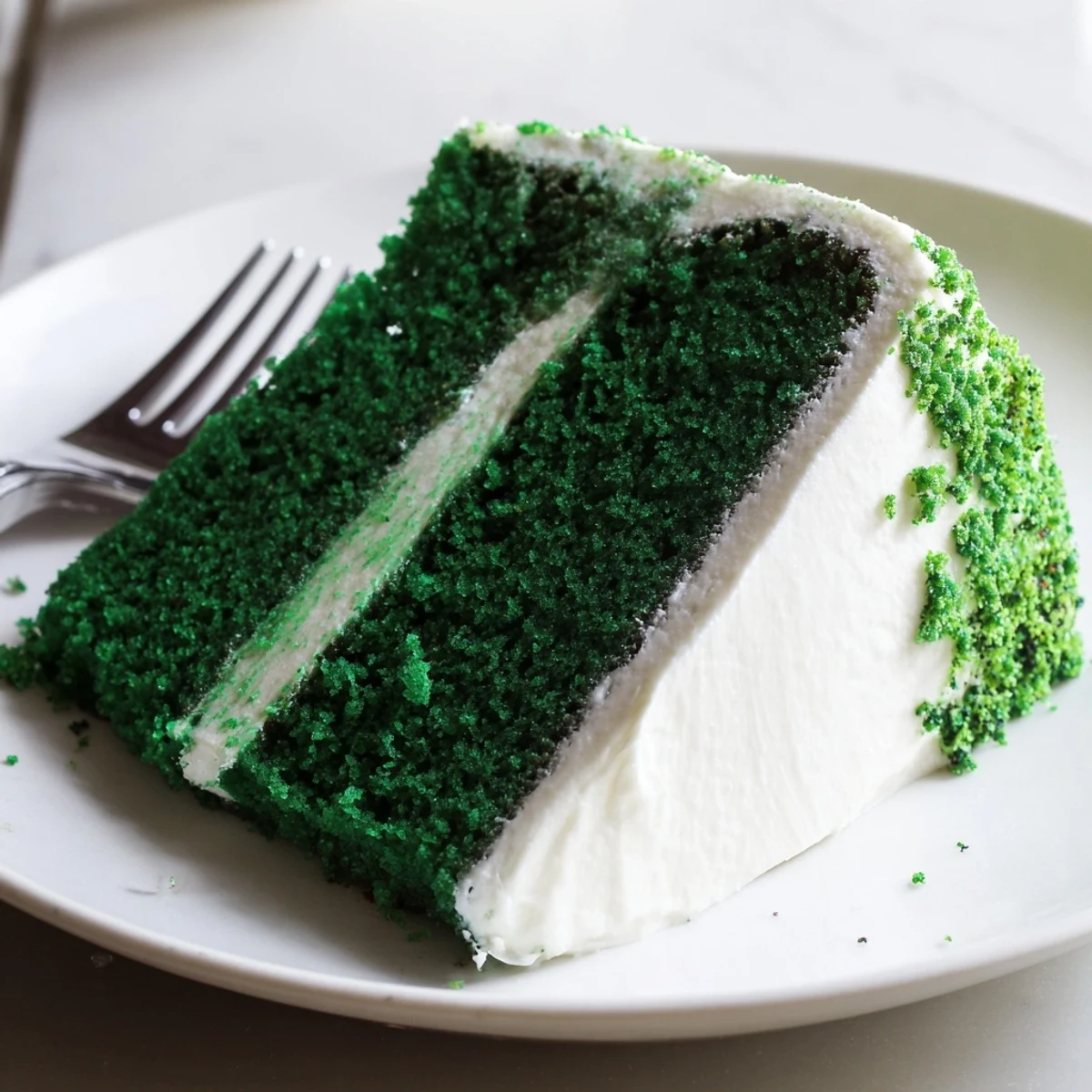 Emerald green velvet cake layered with tangy cream cheese frosting on white plate