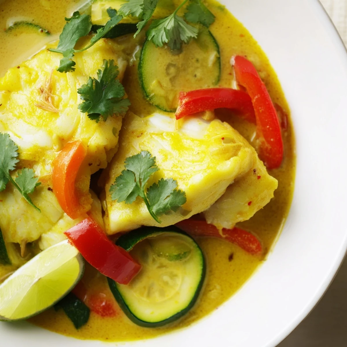 Creamy coconut white fish stew in golden broth topped with fresh cilantro and lime