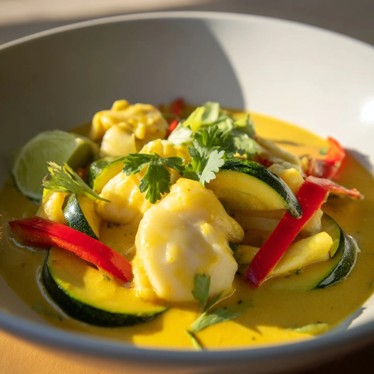 Tender white fish chunks simmered in rich coconut milk with colorful vegetables