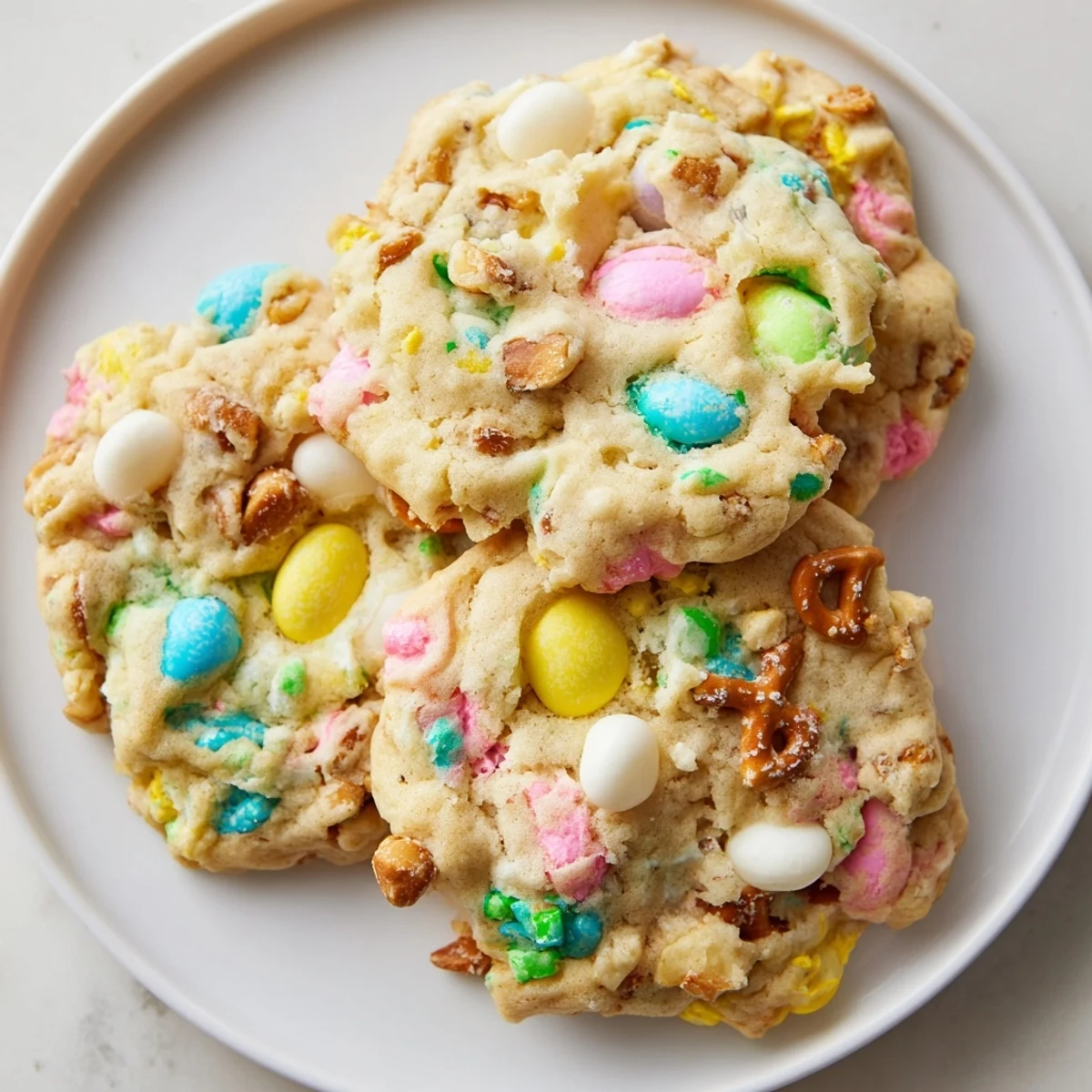 Colorful Easter Trash Cookies loaded with pastel candies, pretzels, and sprinkles on a rustic baking sheet