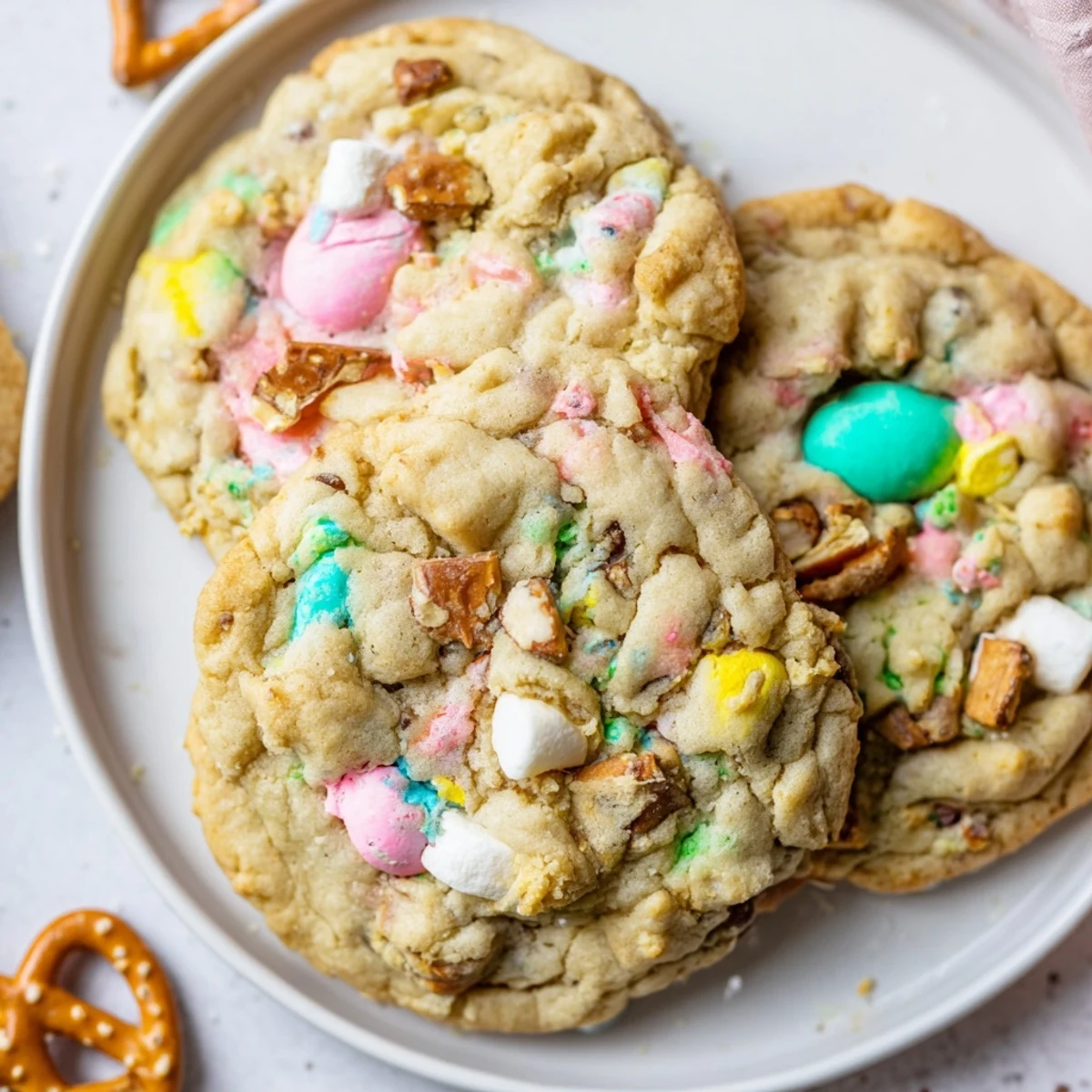 Chewy Easter Trash Cookies bursting with candy-coated chocolates and crunchy mix-ins fresh from the oven