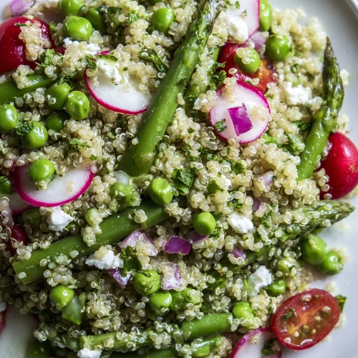 Spring Vegetable Quinoa Salad in a white bowl with colorful fresh vegetables and herbs