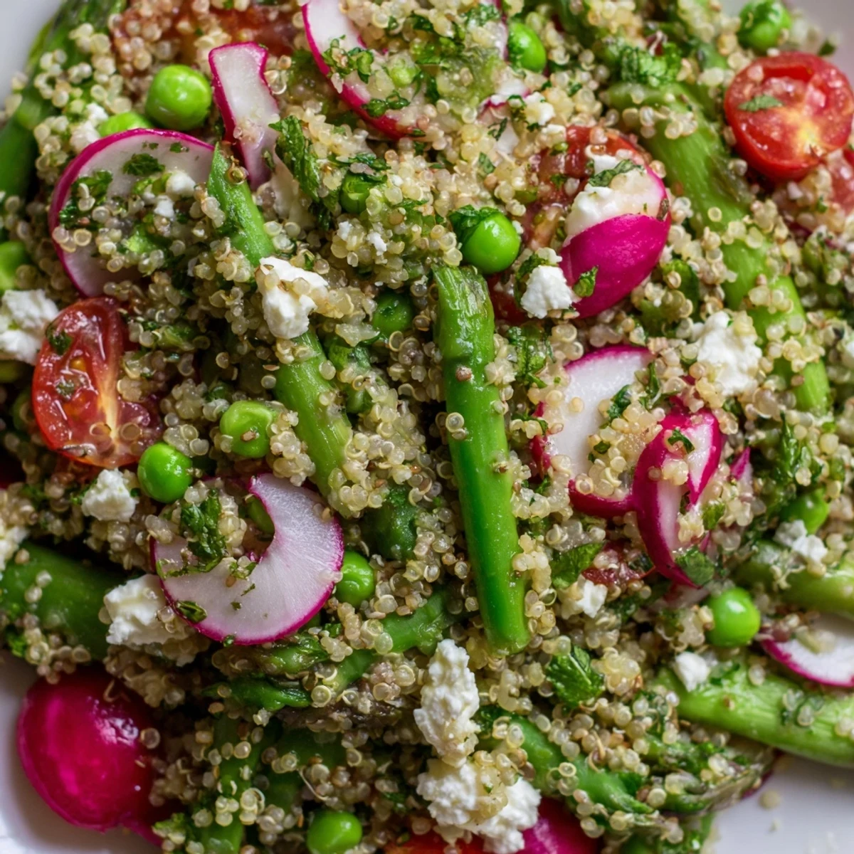 Fluffy quinoa mixed with bright asparagus snap peas and radishes in lemon vinaigrette