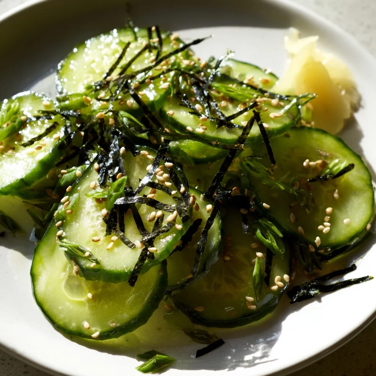 Crisp sushi cucumber salad glistening with tangy rice vinegar dressing and toasted sesame seeds