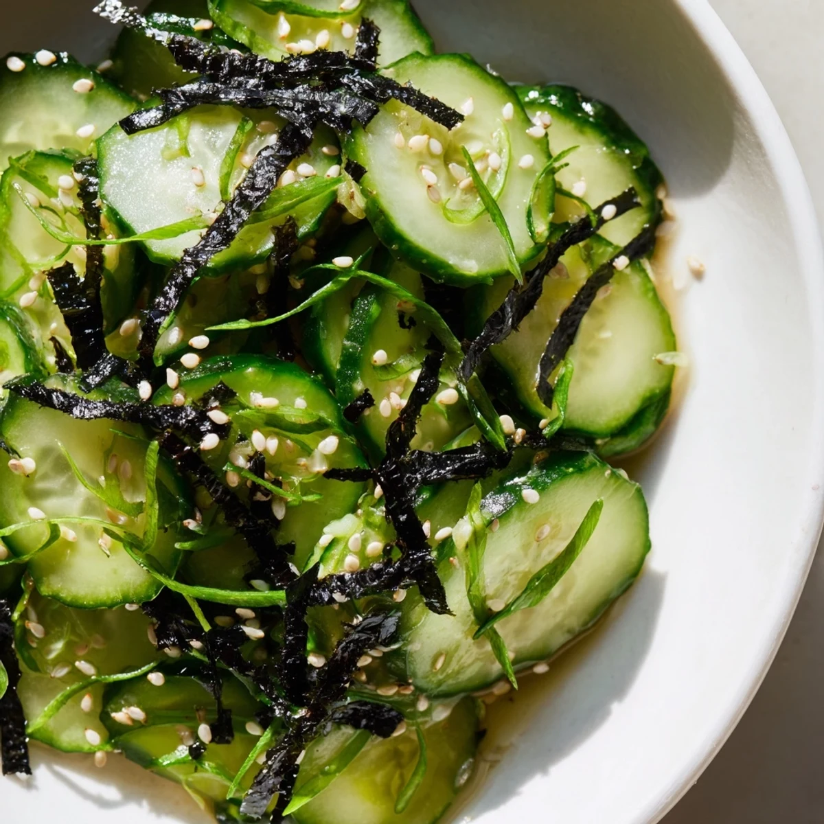 Chilled sushi cucumber salad topped with nori strips avocado and pickled ginger garnish