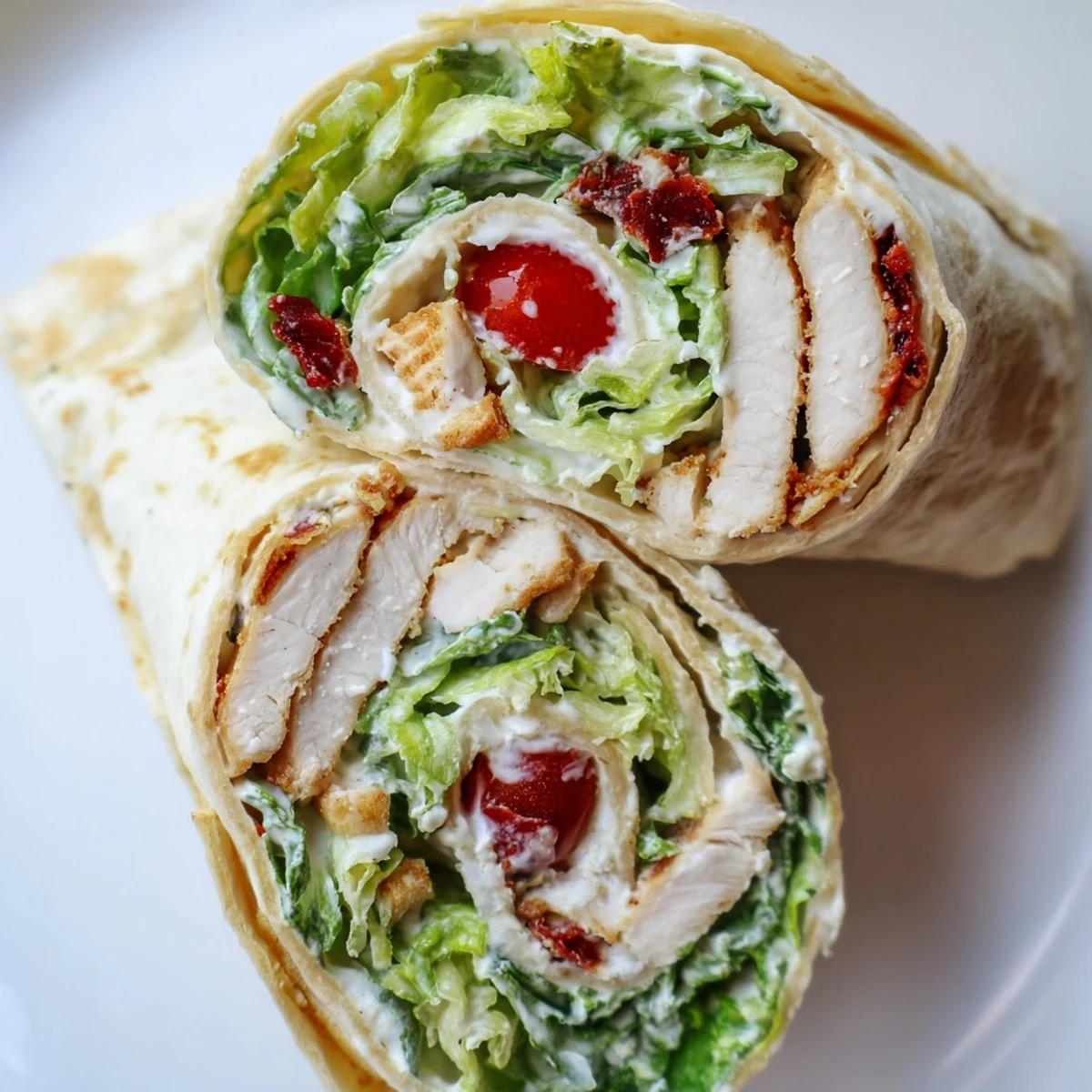 Golden chicken Caesar wraps sliced open showing tender grilled meat and crisp romaine lettuce