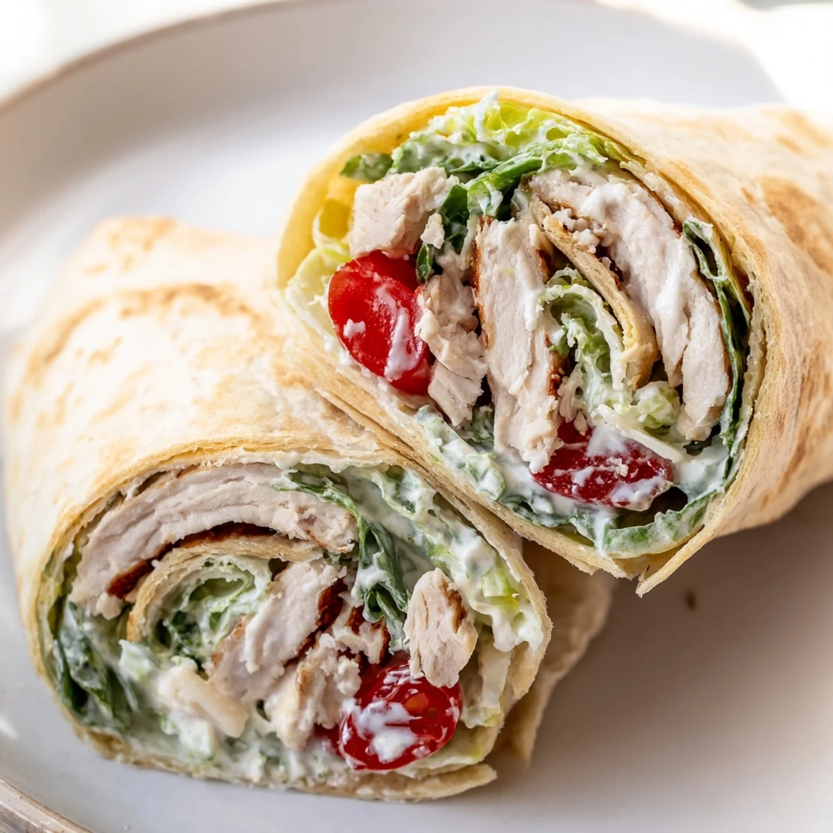 Creamy chicken Caesar wraps folded in soft flour tortillas with shaved Parmesan and fresh greens