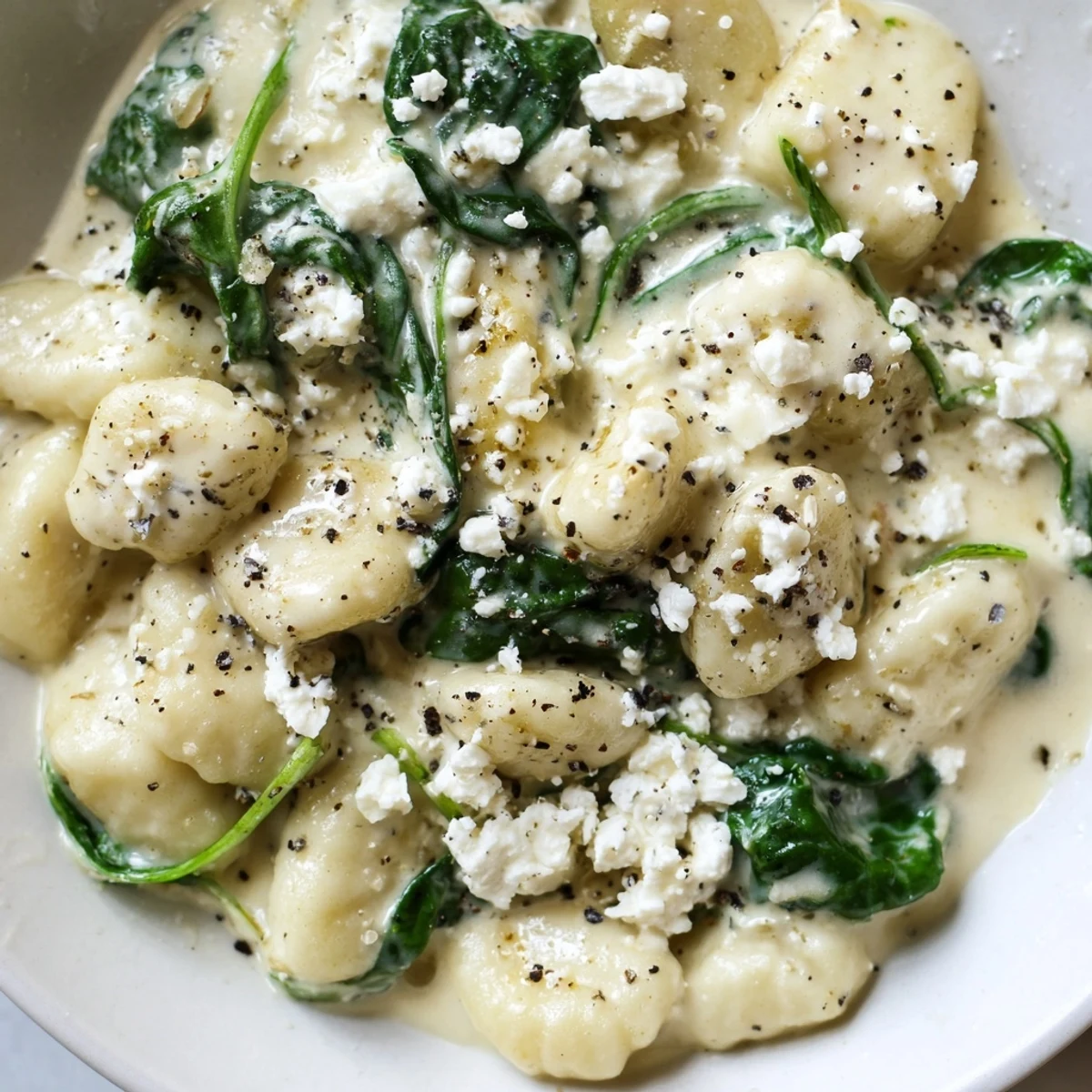 Soft pillowy gnocchi with spinach and feta swimming in rich velvety cream sauce