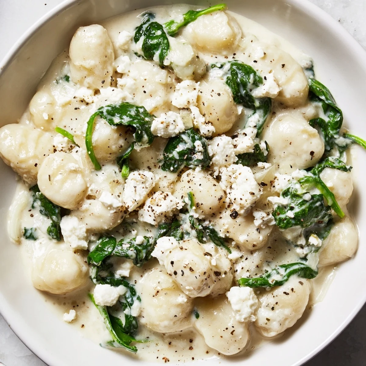 Creamy gnocchi with spinach and feta topped with crumbled cheese in white skillet