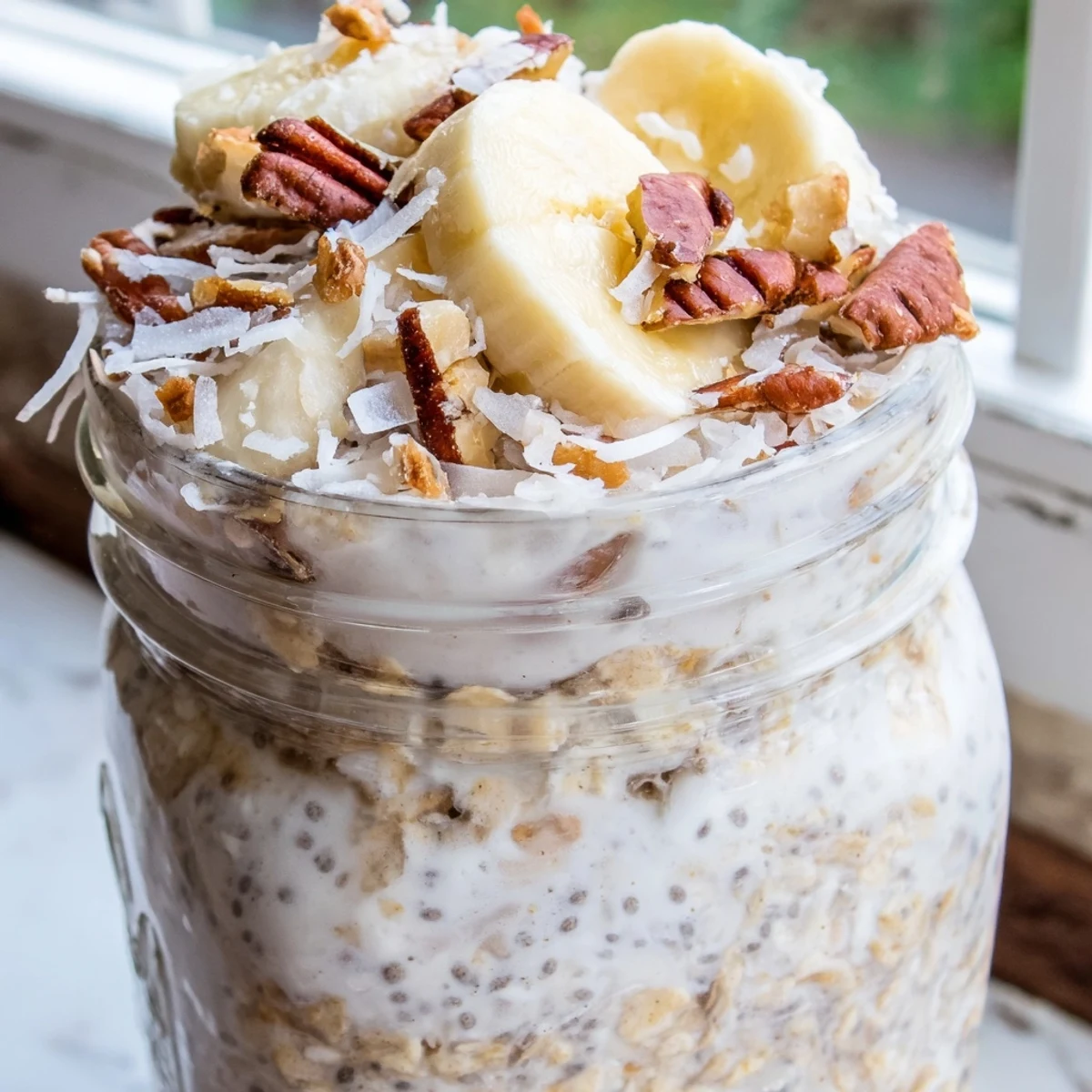 Creamy coconut cream pie overnight oats topped with toasted coconut flakes and pecans in a glass jar