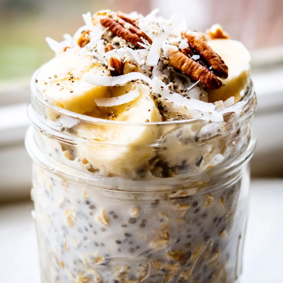 Thick coconut cream pie overnight oats served chilled with banana slices and crunchy almonds on top