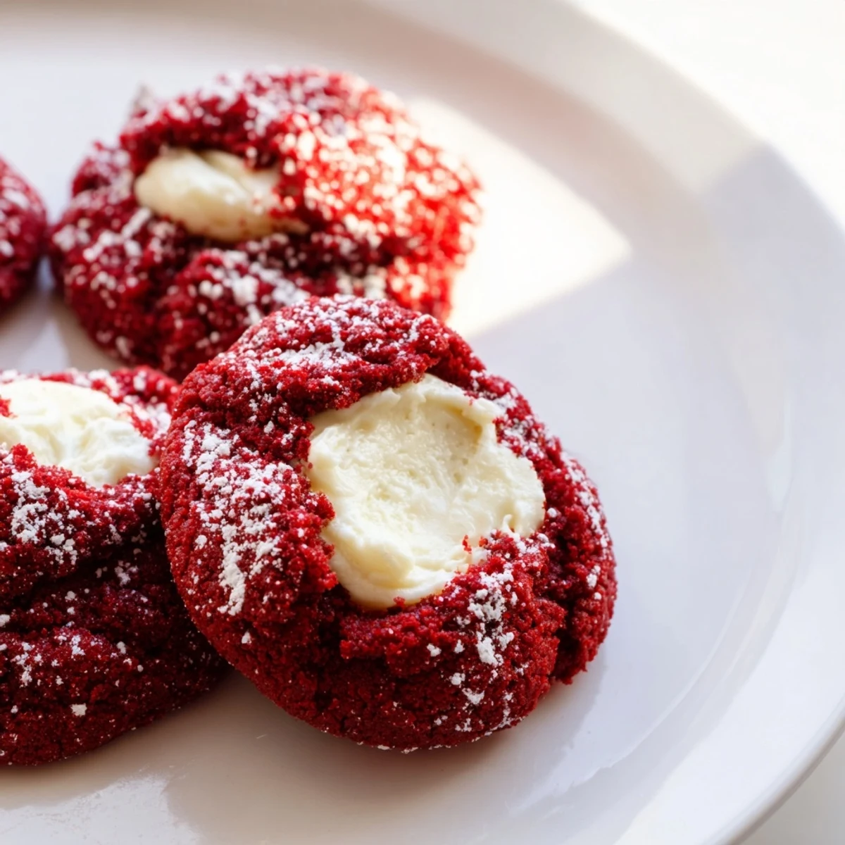 Red velvet thumbprint cookies with creamy cheesecake filling on a white ceramic plate