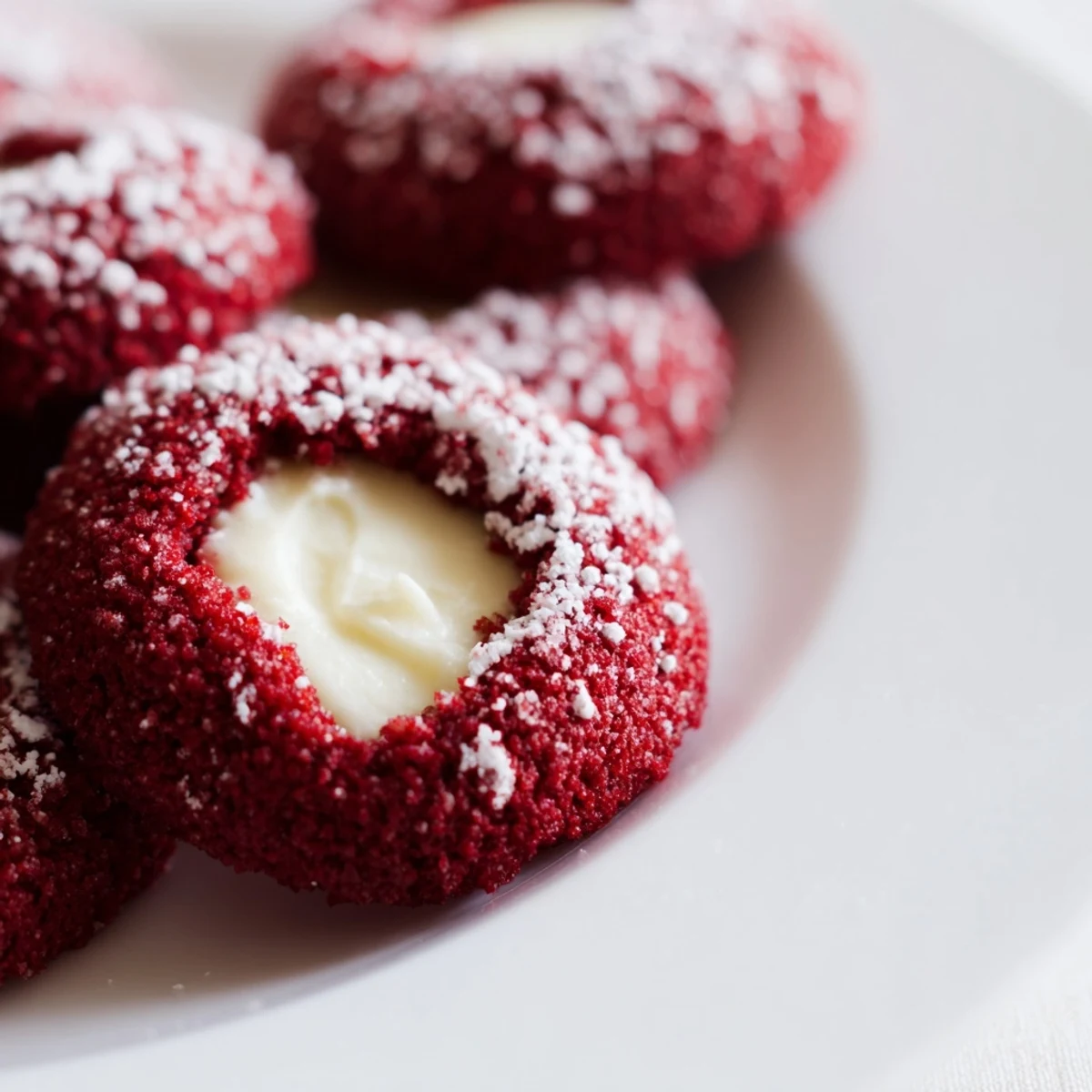 Bright red velvet thumbprint cookies fresh from the oven with tender cocoa centers
