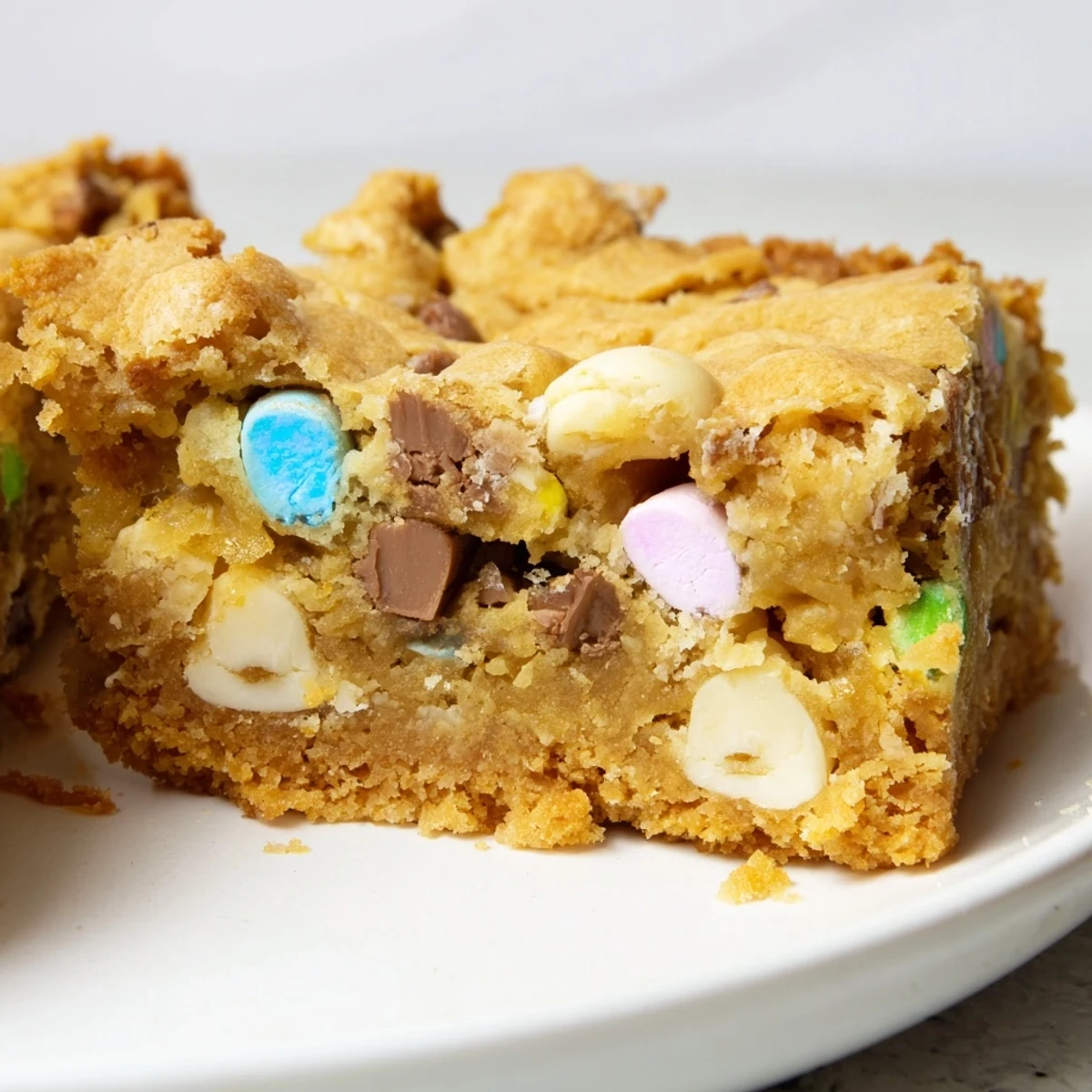 Gooey mini Cadbury Easter egg blondies with colorful candy pieces on top