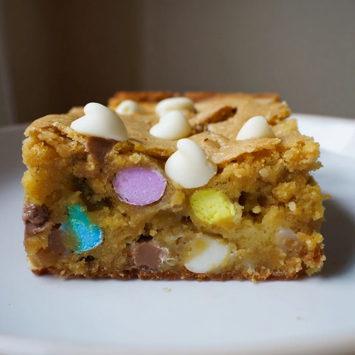 Golden buttery blondies studded with pastel mini Cadbury Easter eggs and chocolate chips