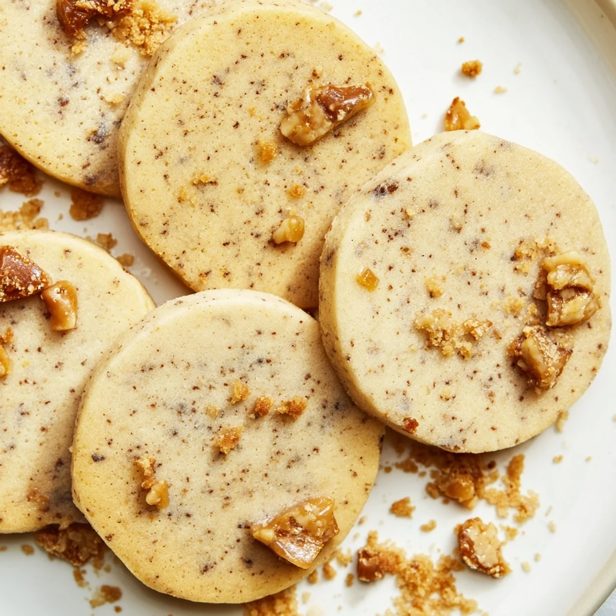Golden espresso shortbread cookies with melted toffee chunks on a rustic baking sheet