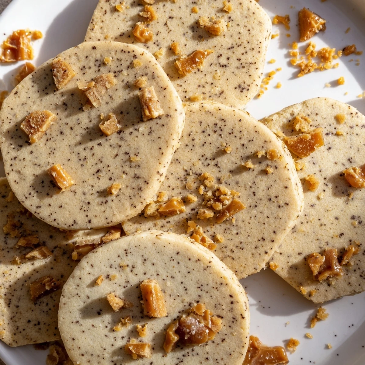 Buttery espresso shortbread cookies studded with sweet toffee bits beside a coffee mug