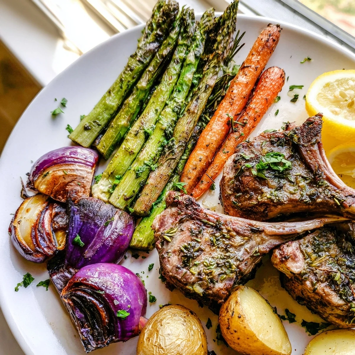 Golden herb-crusted lamb chops and roasted vegetables on Easter dinner sheet pan