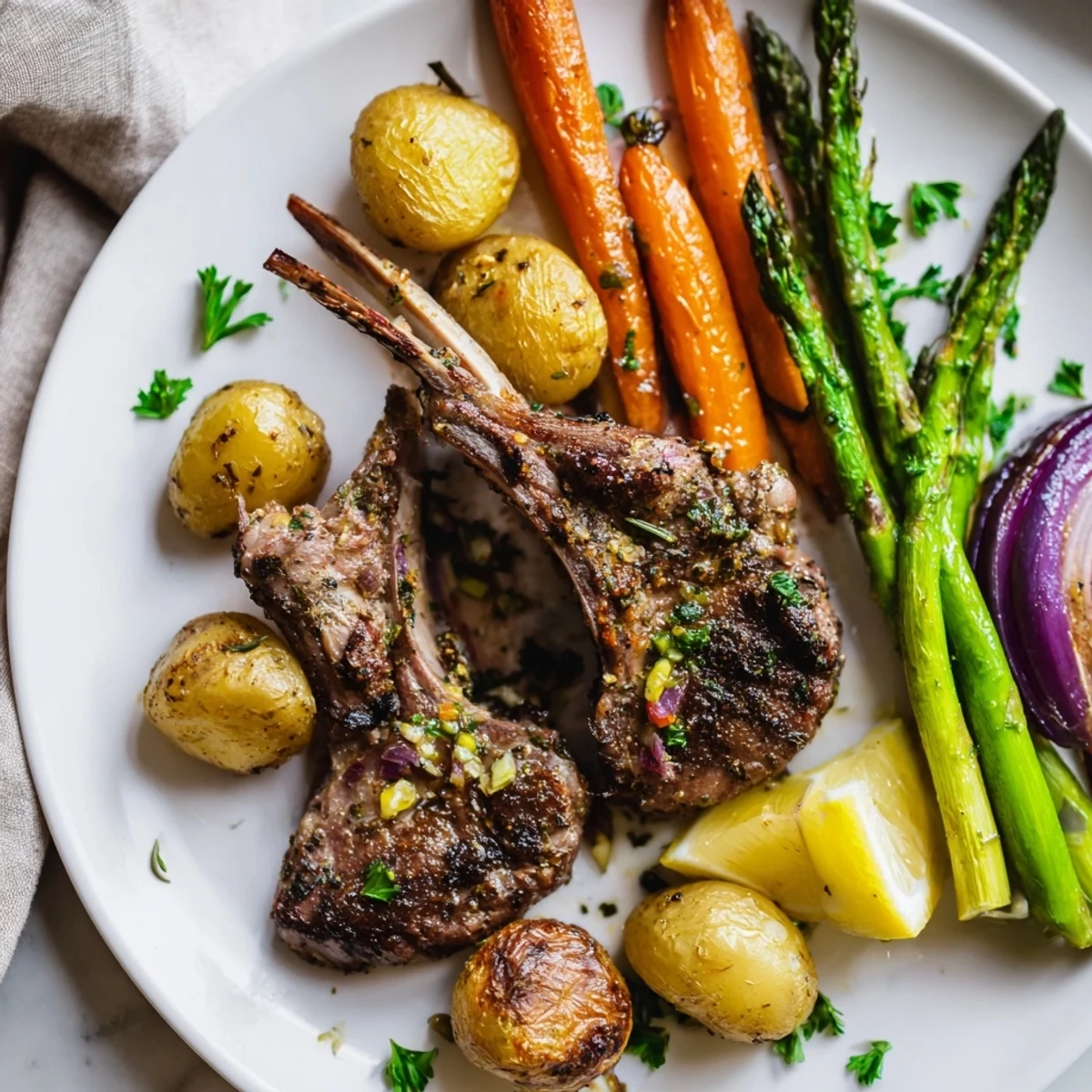 Easter dinner on a sheet pan with tender lamb and colorful roasted vegetables