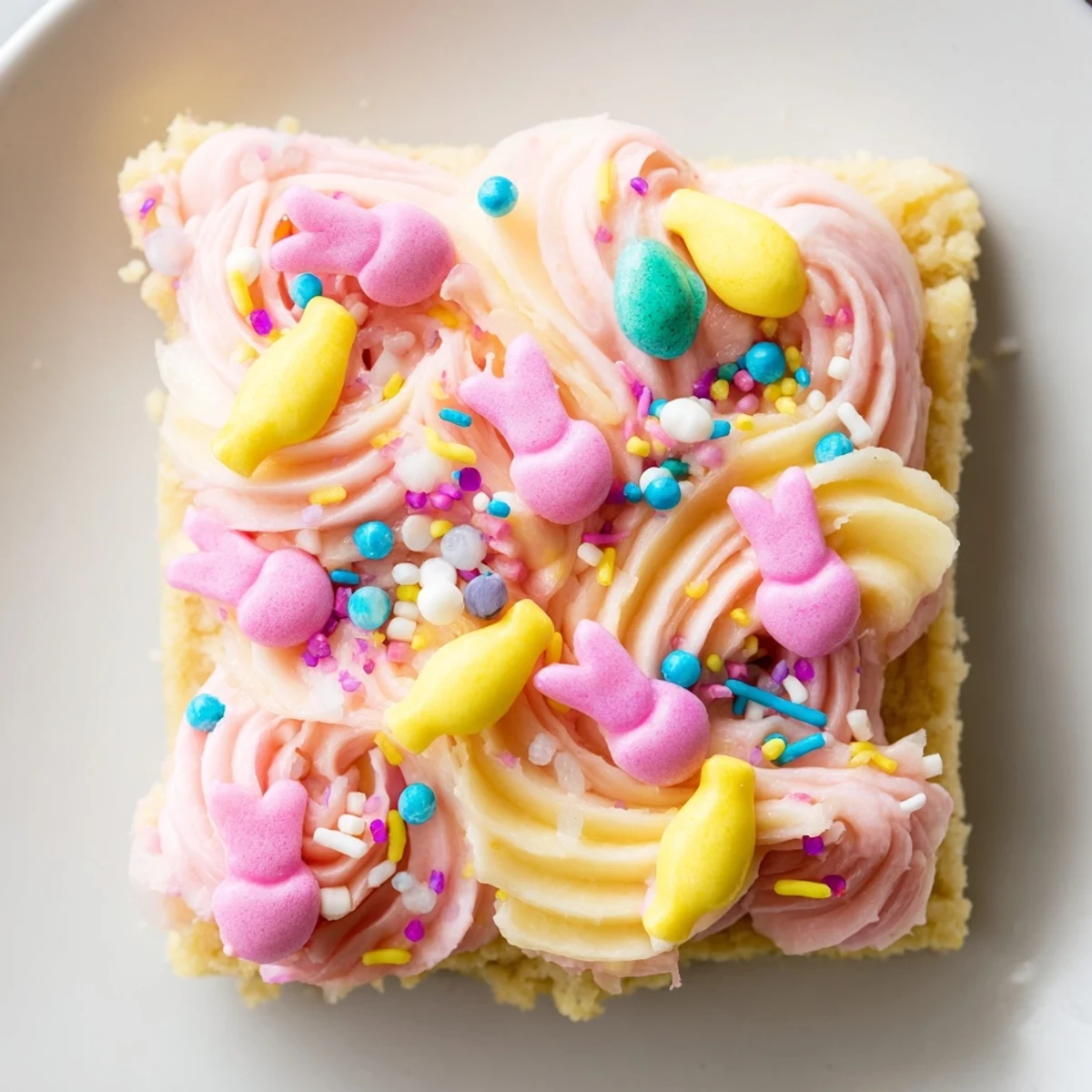 Creamy pastel-frosted Easter sugar cookie bars cut into neat squares covered in colorful sprinkles