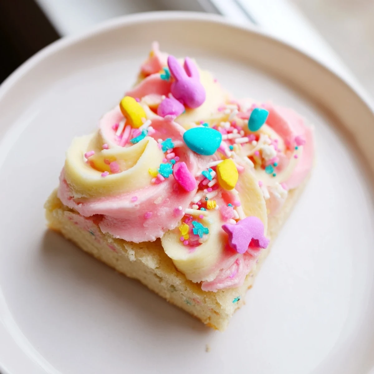 Thick slabs of Easter sugar cookie bars swirled with pink and yellow buttercream frosting