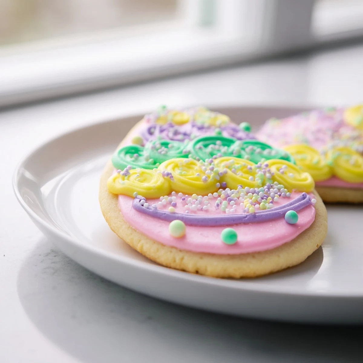Golden buttery Spring Easter cookies cut into bunny and egg shapes with sprinkles