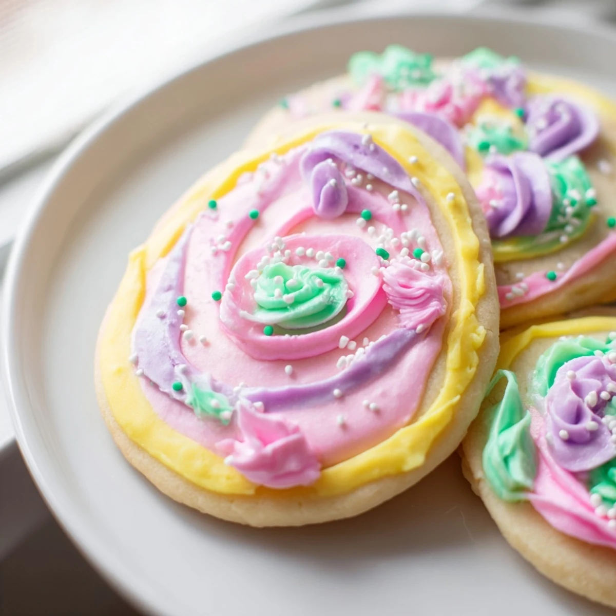 Beautiful Spring Easter cookies decorated with soft pastel icing on a rustic white plate