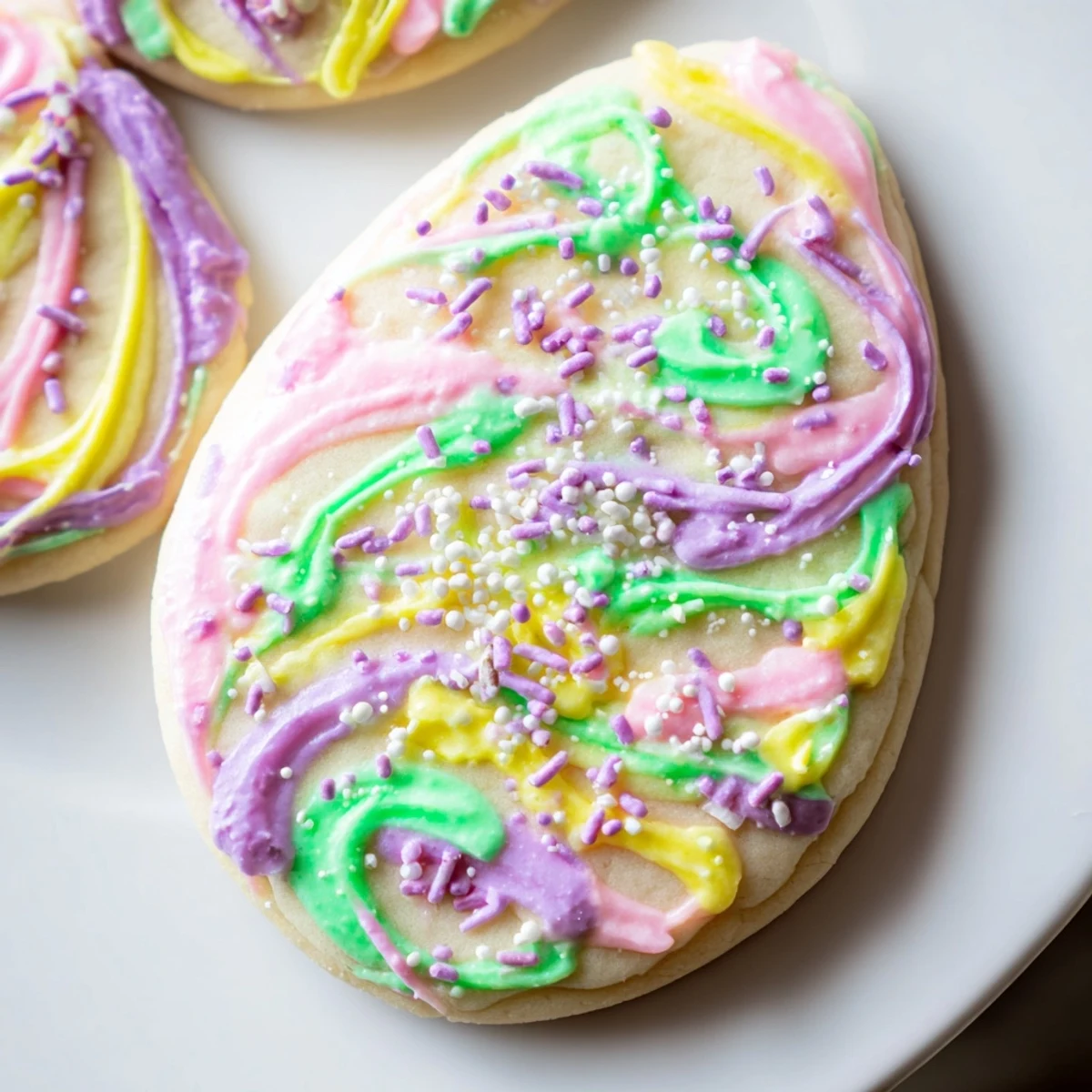 Freshly baked Spring Easter cookies arranged on pastel linens with royal icing details