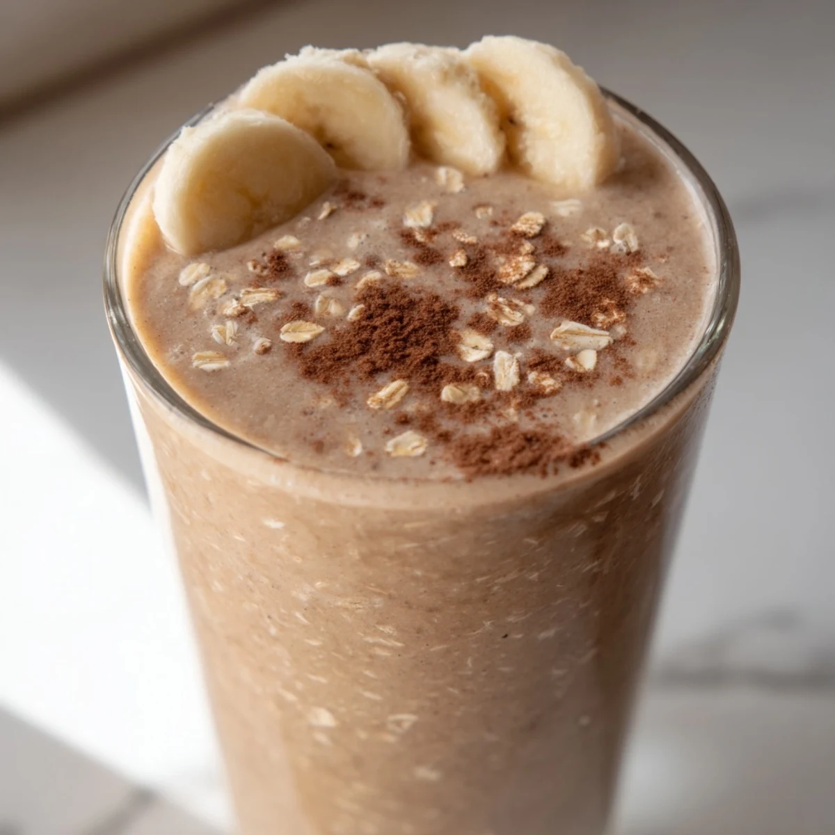 Creamy coffee smoothie in a glass topped with a sprinkle of cinnamon