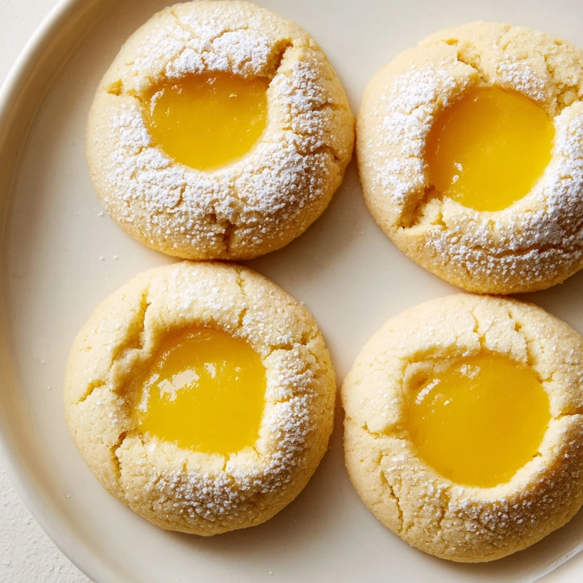 Soft lemon curd cookies with golden edges and a dusting of powdered sugar on a rustic baking sheet.