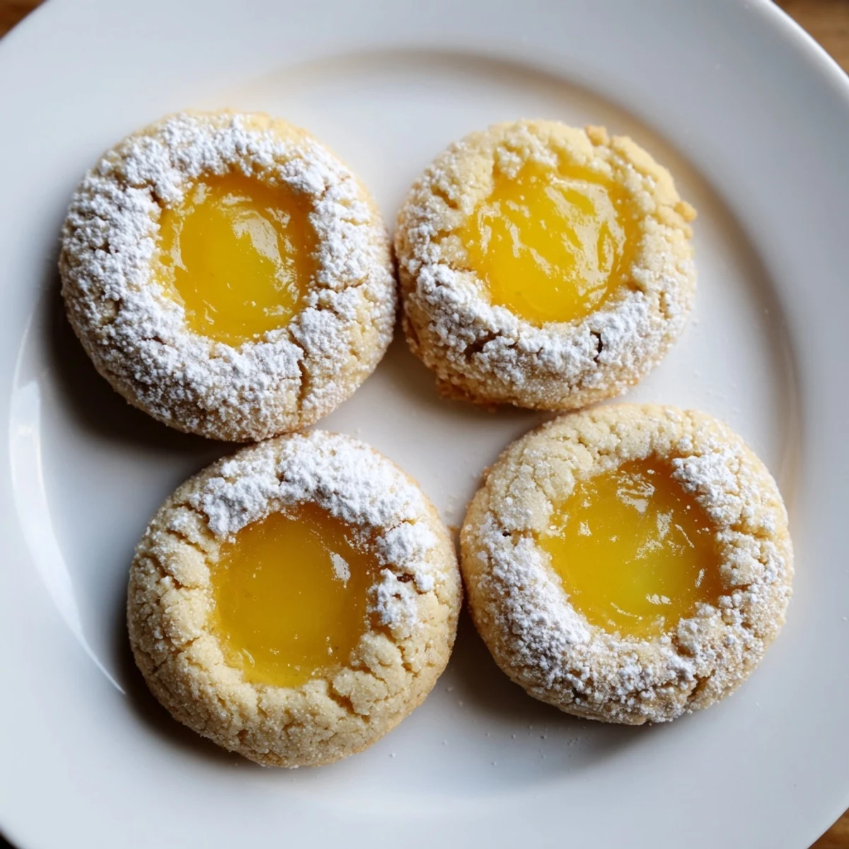Bright yellow lemon curd filling oozes from buttery thumbprint cookies arranged on a white ceramic plate.