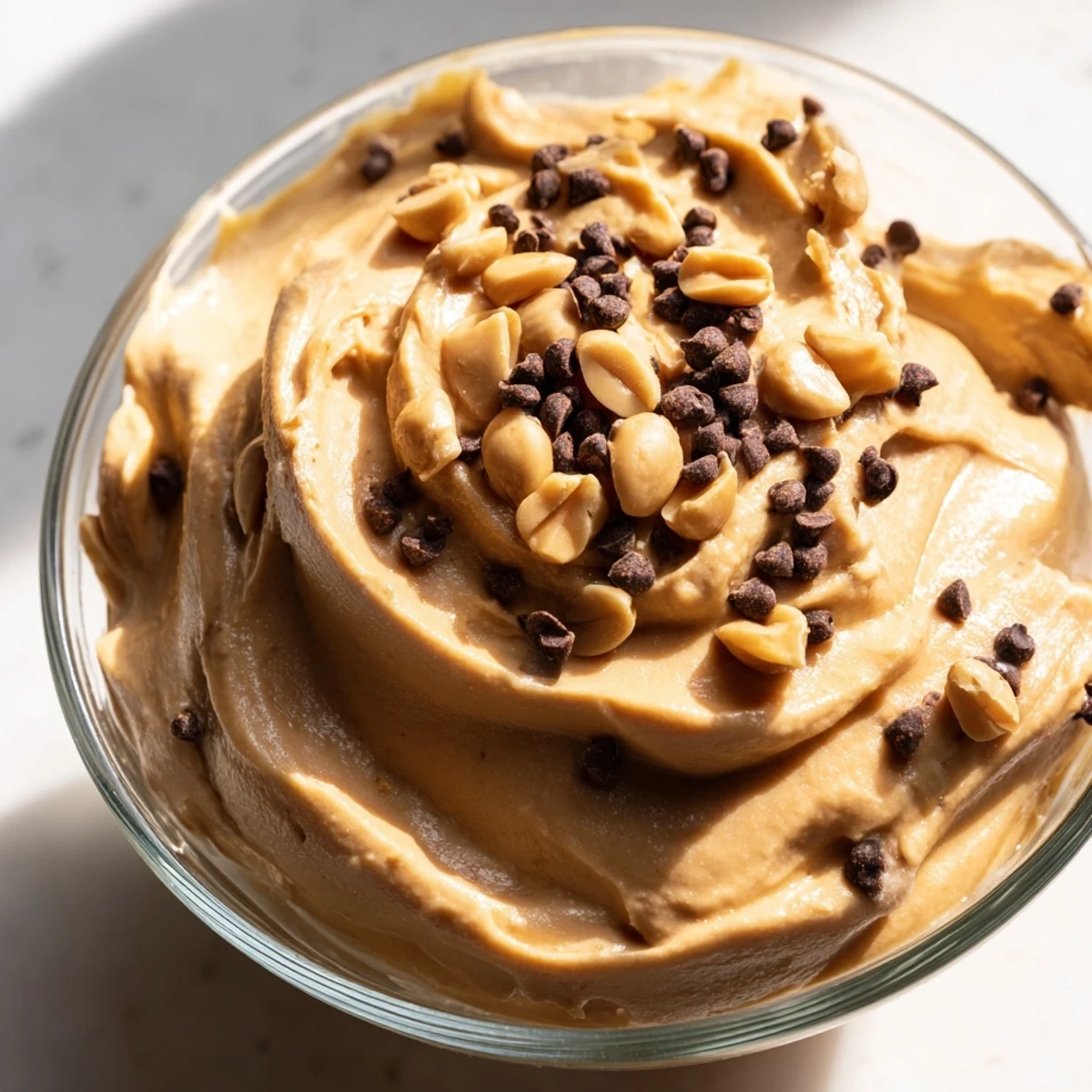 Creamy peanut butter and Cool Whip mousse topped with chocolate shavings in individual serving glasses