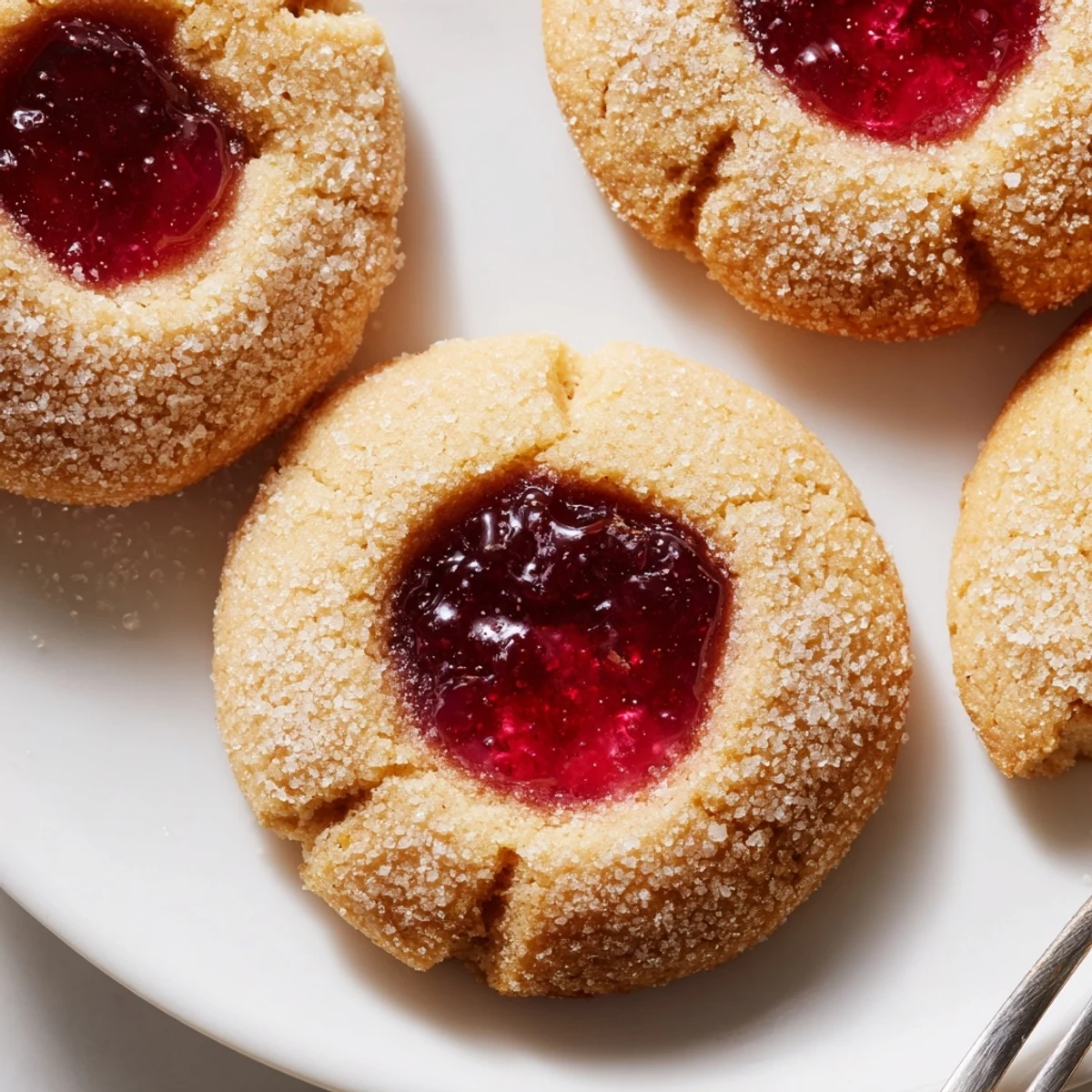 Golden flower jam thumbprint cookies with glistening floral jam centers on parchment paper